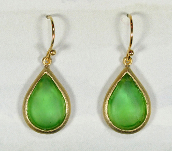 Cast Glass Pear Shape Drop Earrings in Green